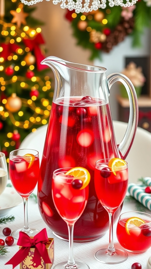 A large pitcher of Christmas cocktails with cranberries and orange slices, surrounded by glasses on a festive holiday table.